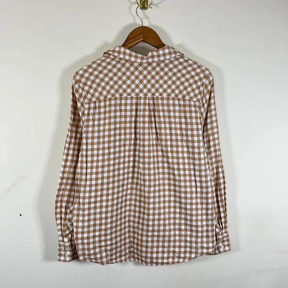 J. Crew Gingham Button Down Flannel Shirt Tan White Cottagecore Academia Large